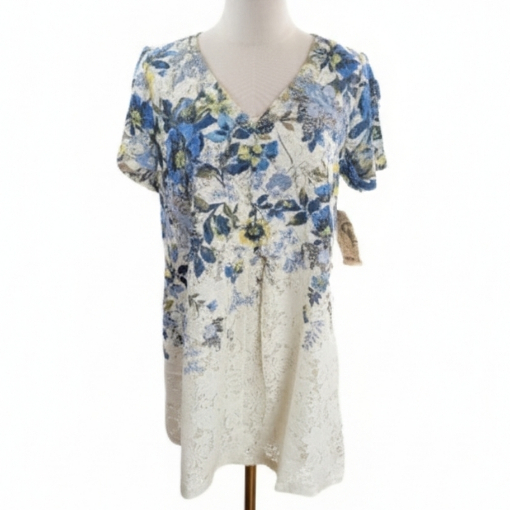 NWT One World Women's Multicolor Floral Lace Size Medium Short Sleeve Tunic